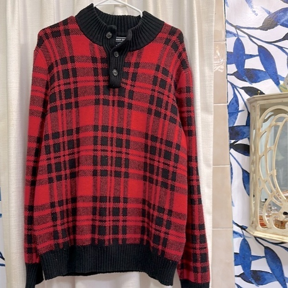 Men’s Lands End Henley Sweater Tartan Plaid Red/Black Sweater Large